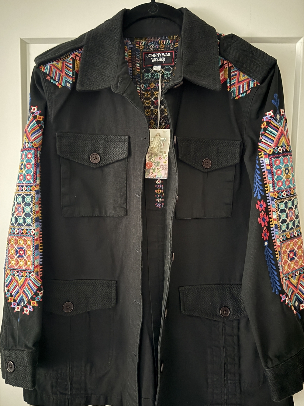 Johnny Was NWT Shankara Military Jacket S Black Embroidered Boho Canvas Shacket